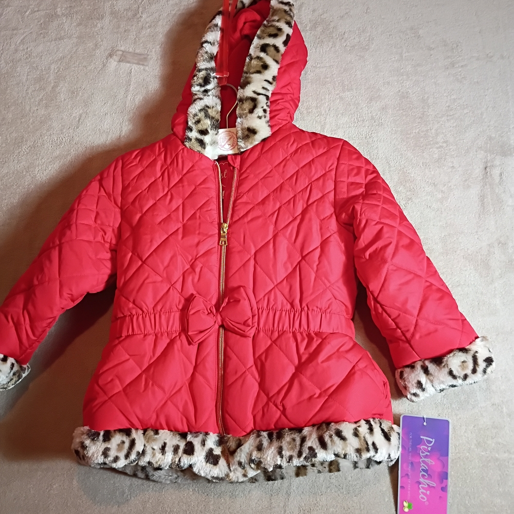 Pistachio girls quilted puffer jacket with leopard faux fur trim Girls Sz 4 - Sm